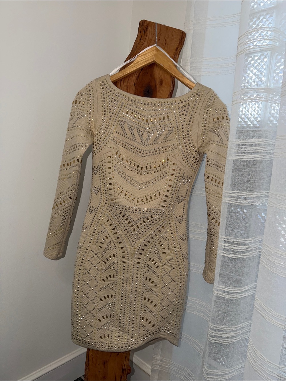 bebe Beige Beaded Long-Sleeve Bodycon Dress